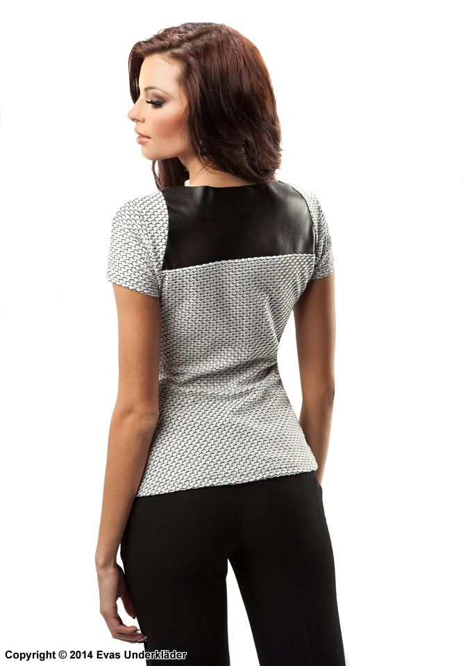 Gemustertes Peplum-Top, kurze Ärmel, Einlage aus Leder